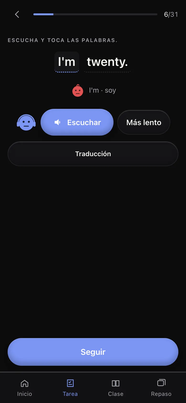 Tarea: la frase «I'm twenty», con Lu y la palabra «I'm» explicada