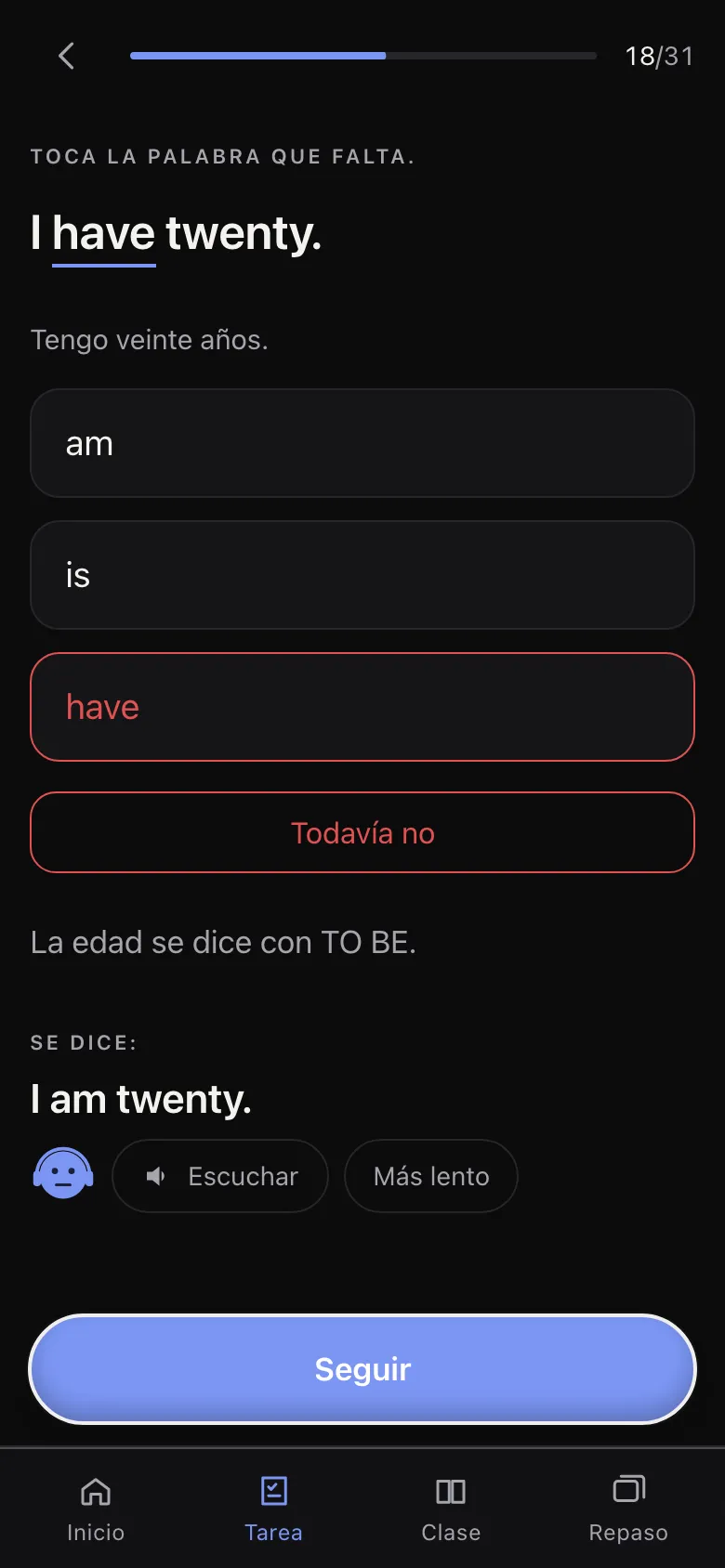 Tarea: «Todavía no», con la explicación y la frase buena